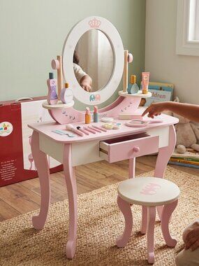 Wooden Vanity Playset with Stool, Montessori Beauty Pretend Play Toy
